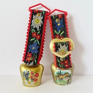 2 Vintage German Alpine Brass Cowbells Painted Souvenir Bells Embroidered Straps